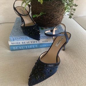 Nina navy blue satin slingback heels